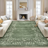 Garvee Washable Green Floral Bordered Rug 10x13 Non Slip Soft Polyester Durable Low Pile for Living Room Bedroom Dining - Green