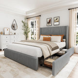 Garvee Bed Frame Queen Size with 4 Storage Drawer, Bed Frame with Headboard and Corduroy Vertical Channel Tufted Wingback, Sturdy Wooden Slats Support, Noise Free, Grey - Gray