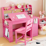 Garvee Ergonomic Kids Study Table and Chair Set with Tiltable Desktop and Storage Cabinet, Pink - Pink