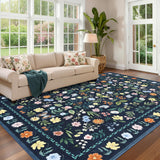 Garvee Vintage Floral Area Rug 9x12, Washable, Non-Shedding, Faux Wool Low Pile, Stain Resistant, Anti-Skid Backing, Blue, Living Room Dining Office - Blue