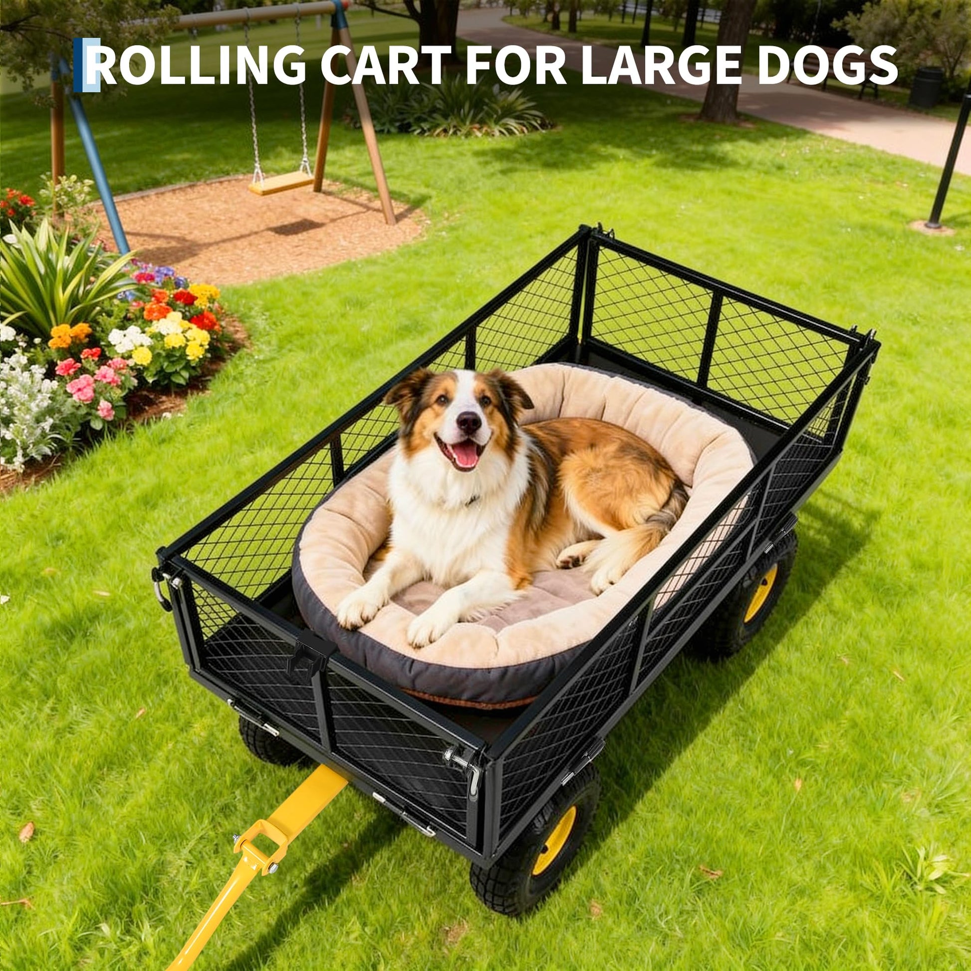 Garvee 900 lbs Heavy Duty Steel Garden Wagon Cart – 2-in-1 Utility Yard Cart, Removable Mesh Sides, 10" All-Terrain Tires, 180° Rotating Handle – For Gardening, Lawn, Outdoor Transport – Black Body, Yellow Hubs