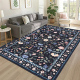 Garvee Washable Vintage Floral Area Rug 9x12 - Soft Low Pile, Non-Slip Backing - Polyester & Faux Wool - Foldable, Non-Shedding - Dark Grey Blue - Living Room, Bedroom - Dark Blue