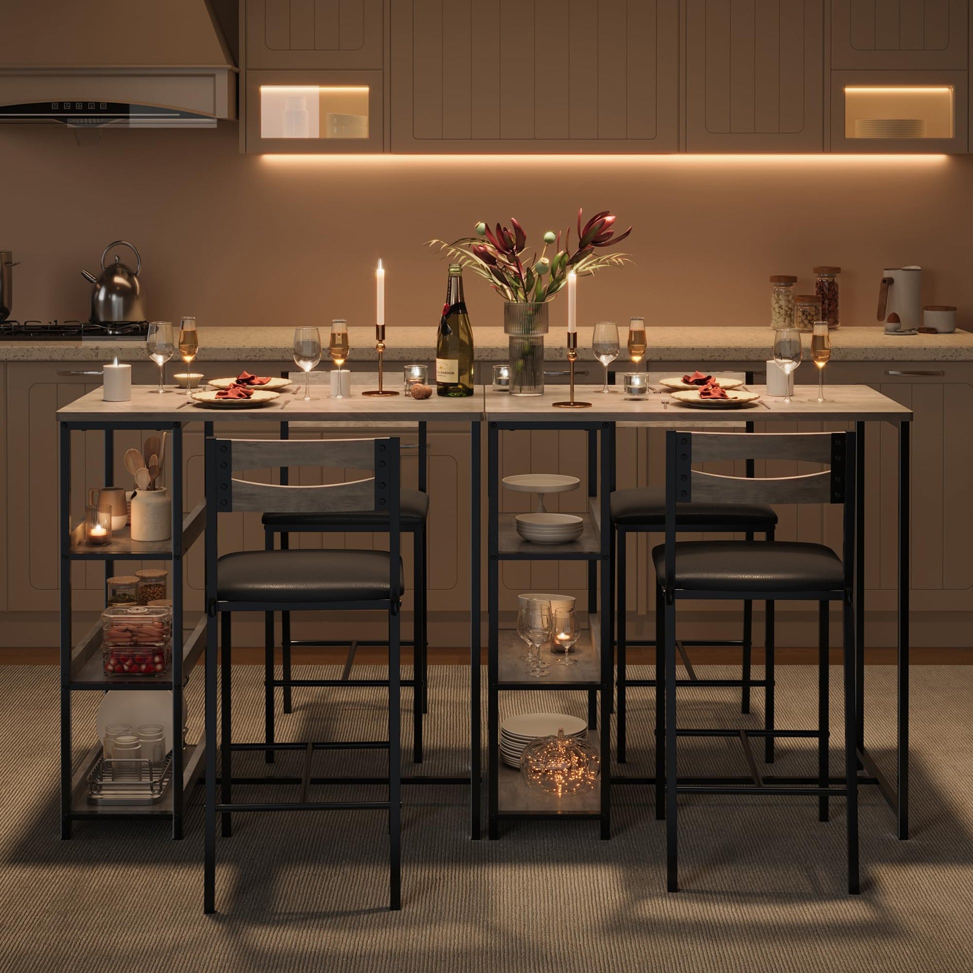 Garvee Modern Marble Finish Bar Table and Chairs Set with 2 PU Padded Stools, Flip Top Extension and Storage Shelves, for Small Kitchen and Apartment, Grey & Black