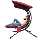 Garvee Curved Outdoor Hanging Chaise Lounge Swing Chair with Removable Canopy – Steel Frame Hammock Lounger, Soft Cushion & Pillow, Patio, Garden, Pool, Backyard, Dreamy Hammock + Red Mat - Red