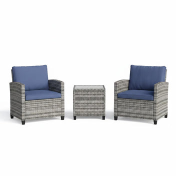 Garvee 3-Piece PE Rattan Patio Conversation Set, Outdoor Wicker Chairs with Cushions & Tempered Glass Table, Gray & Blue