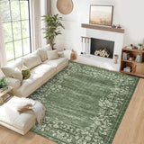 Garvee Washable 8x10 Area Rug Floral Bordered Soft Non-Shedding Polyester TPR Backing Non-Slip Living Room Bedroom Nursery - Green