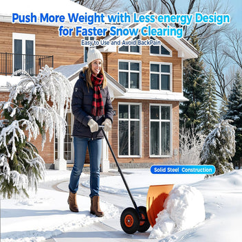 Garvee 29"W X 20"H Snow Shovel with Wheels for Driveway, 20" Wide Adjustable Snow Pusher with 5-Position Angle & Height Handle, Ergonomic Back-Saving Snow Removal Tool for Sidewalks, Yards & Patios - Orange