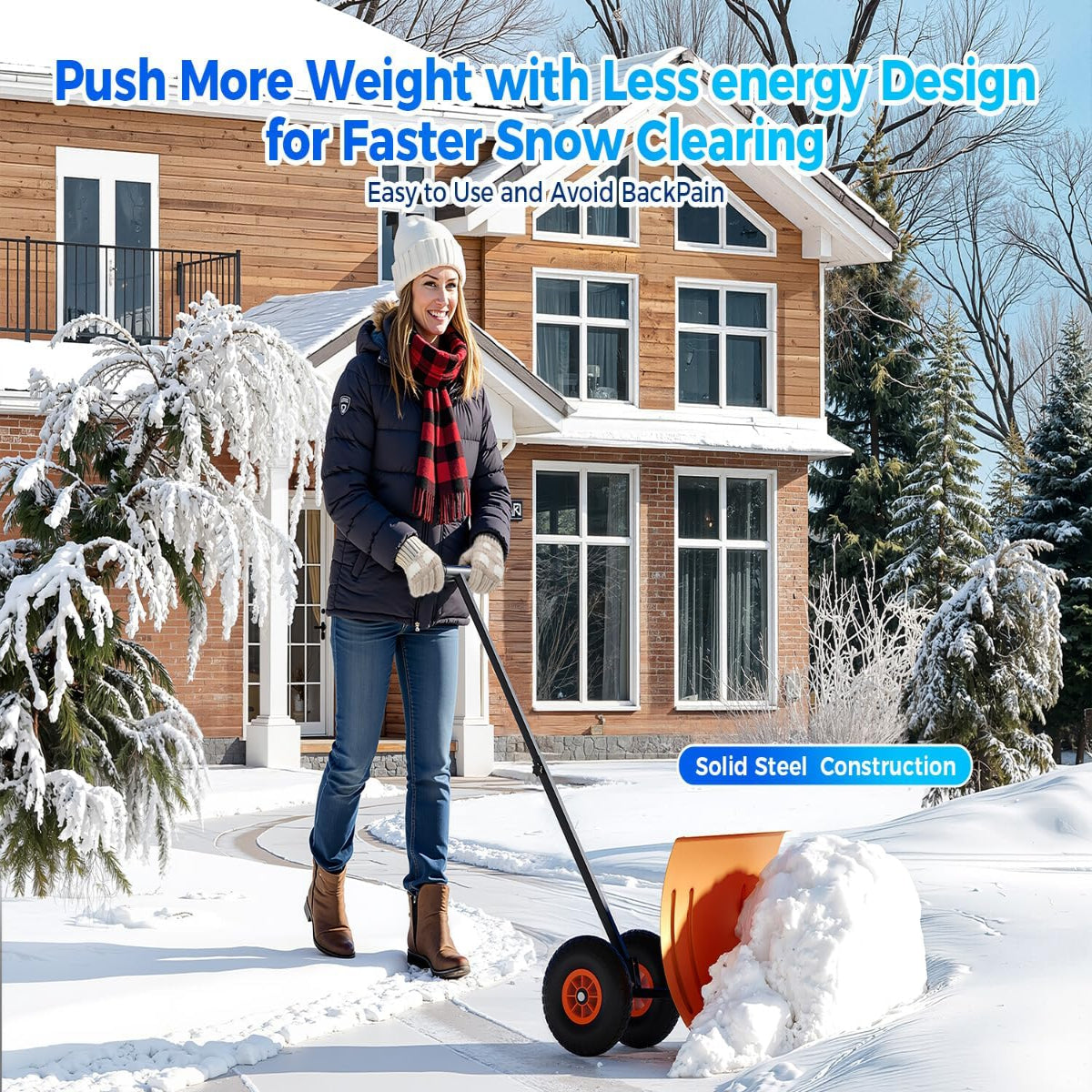 Garvee 29"W X 20"H Snow Shovel with Wheels for Driveway, 20" Wide Adjustable Snow Pusher with 5-Position Angle & Height Handle, Ergonomic Back-Saving Snow Removal Tool for Sidewalks, Yards & Patios - Orange