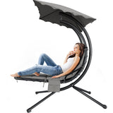 Garvee Durable & Comfortable Outdoor Hanging Curved Steel Chaise Lounge Chair – Removable Canopy & Cushion, Patio Hammock Lounger for Garden, Poolside, Porch, Dreamy Hammock + Gray Fabric Mat - Grey
