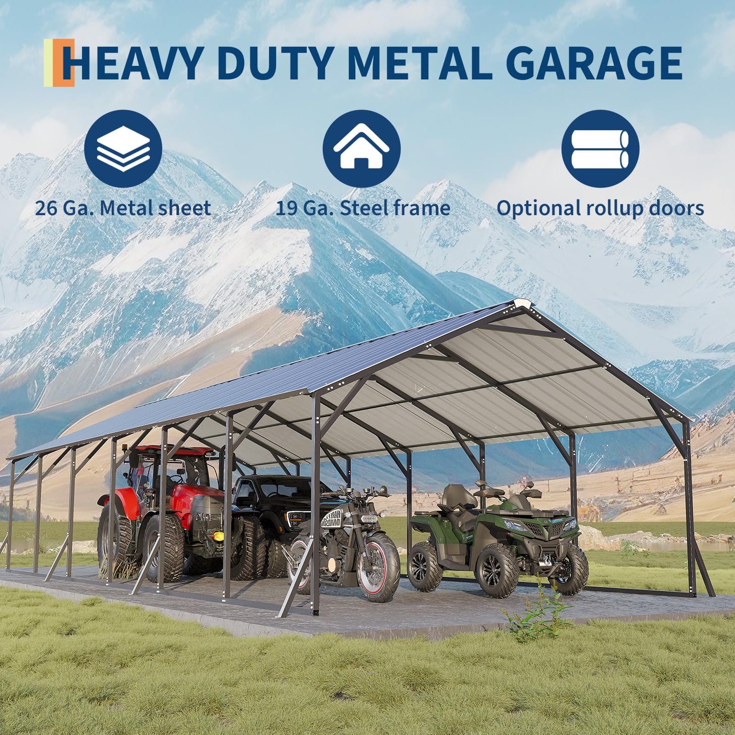 Garvee Heavy Duty Steel Metal Carport 20x30x12 - Outdoor Storage Shelter with Vertical Roof - All-Weather Protection for Multiple Vehicles, Pickup Trucks, Boats, Tractors - Grey