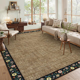 Garvee Bordered Brown 8x10 Washable Floral Area Rug  Low Pile Non-Slip TPR Backing Polyester Stain Resistant Lightweight Foldable for Living Room Bedroom Nursery - Brown|Black Bordered