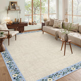 Garvee Bordered Beige 10x13 Machine Washable Floral Area Rug Low Pile Soft Faux Wool TPR Backing Non-Slip Lightweight Foldable for Living Room Bedroom - Beige|Blue Bordered
