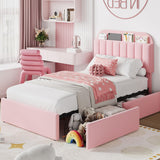 Garvee Twin Bed Frame for Kids with Boucle Upholstery, Storage Headboard, 2 Flexible Drawers, Metal & Wood, Noise-Free, Pink, Bedroom
