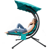 Garvee Outdoor Hanging Curved Chaise Lounge Swing Chair with Removable Canopy & Pillow – Steel Frame Hammock Lounger for Patio, Garden, Pool, Backyard, Dreamy Hammock + Green Mat - Teal
