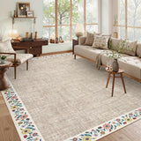 Garvee Bordered Light Flax 10x13 Machine Washable Floral Area Rug Low Pile Soft Faux Wool TPR Backing Non-Slip Lightweight Foldable for Living Room Bedroom - Light Flax|Beige Bordered