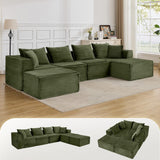 Garvee 137" Modular Sectional Sofa, Modern Cloud Sectional Couch with Deep Seat, L-Shape Boneless Couch with Chaise for Living Room Apartments, No Assembly Required (4 Seater + 2 Ottoman), Green - Corduroy | Green