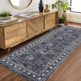 Garvee Bordered Grey 2x6 Washable Modern Geometric Area Rug for Living Room Bedroom - Low Pile, Non-Slip, Soft Polyester - Distressed Minimalist Design - Cozy, Durable, Machine Washable - Gray