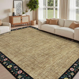 Garvee 8x10 Natural Floral Bordered Area Rug, Washable Non-Slip Low Pile Faux Jute Carpet for Living Room Bedroom Farmhouse Decor, Black Floral - Natural Black Floral