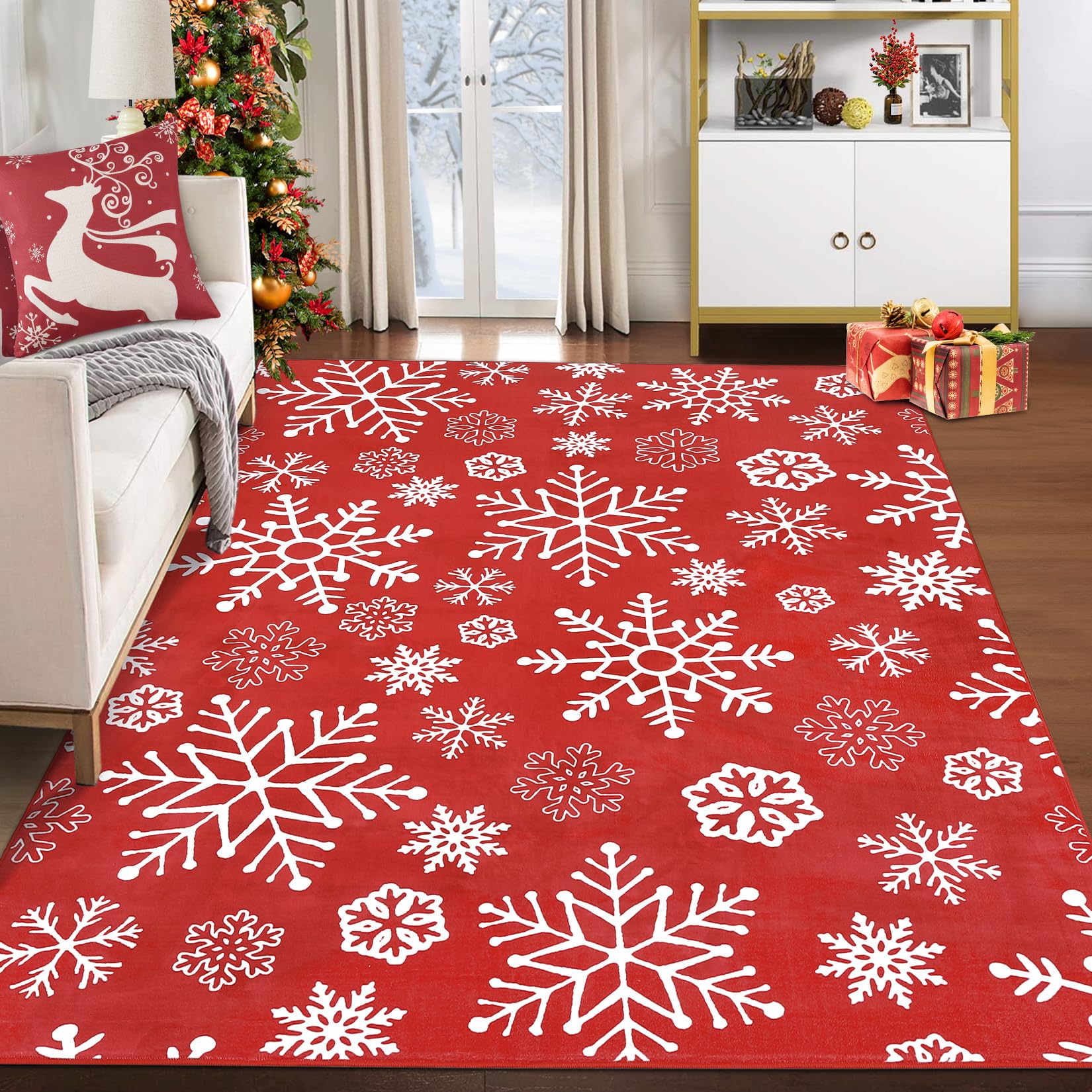 Garvee Christmas Area Rug 4x6 Snowflake Pattern Machine Washable Non Slip Polyester Indoor Decorative Accent Rug for Living Room Bedroom Kitchen