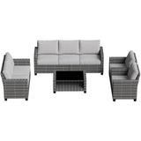 Garvee 5-Piece PE Rattan Patio Furniture Set with Cushions & Glass Table, Steel Frame, Weather-Resistant, Grey & Brown, Outdoor Porch & Garden - Grey + Brown