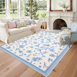 Garvee Floral Bow Area Rug 8x10 - Soft Low Pile, Non-Slip Rubber Backing - Faux Wool Fiber, Machine Washable - Blue Washable Rug for Kids' Bedroom, Nursery, Living Room - Beige|Blue