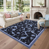Garvee Washable Floral Area Rug 8'x10' - Non-Slip, Stain-Resistant, Low-Pile Polyester - Foldable, Soft Pearl Velvet - Living Room, Bedroom, Nursery - Dark Blue