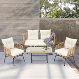 Garvee Patio Sectional Furniture Set, 4-Piece Outdoor Patio Set with Sofa, All-Weather Rattan Patio Conversation Set with Loveseat, Tempered Glass Table, Outside Patio Conversation Sets for Backyard, Garden - Natural Rattan + Beige Cushion