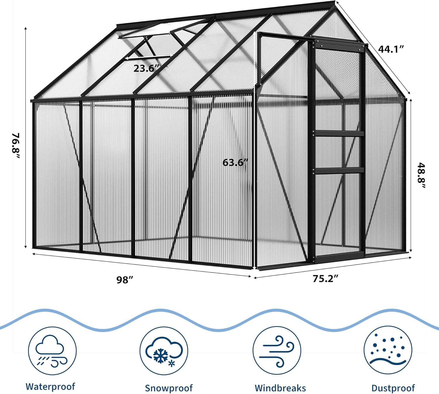 Garvee Large Polycarbonate Greenhouse for Outdoors - Durable Aluminum Frame, Sliding Lockable Door, Roof Vent, Ground Stakes - Ideal for Backyard, Patio, Lawn - 6x8 FT - Black Oxidation