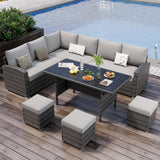 Garvee 7-Piece Patio Furniture Set Modular Sectional Steel Frame Tempered Glass Table PE Rattan Cushions Outdoor Pool Porch - Grey + Light Grey