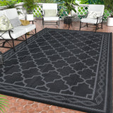Garvee Outdoor Black Grey 10x14 Rug, Waterproof Reversible Plastic Straw Mat Modern Geometric Trellis UV-Resistant Portable Carry Bag Patio RV Camping - Black Gray