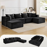 Garvee 137" Modular Sectional Sofa, Modern Cloud Sectional Couch with Deep Seat, L-Shape Boneless Couch with Chaise for Living Room Apartments, No Assembly Required (4 Seater + 2 Ottoman), Black - Corduroy | Black