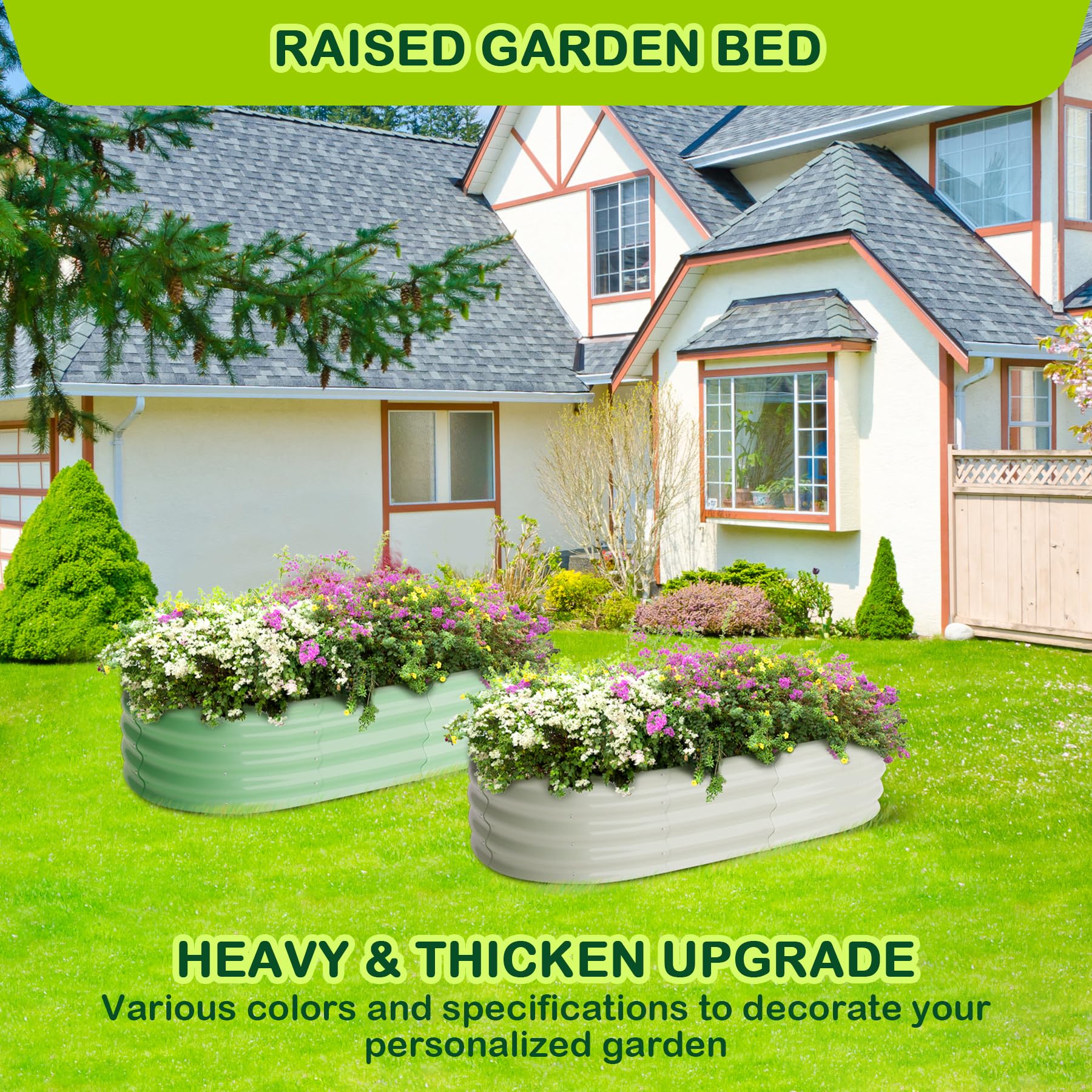 Garvee Oval Raised Garden Bed 4.5x2x1.5ft Galvanized Steel Double-Layer Corrosion Resistant Tool-Free Assembly with Rubber Edge for Outdoor Garden