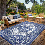 Garvee Outdoor Navy Blue & White 10x20 Waterproof Reversible Rug – UV-Resistant Plastic Straw Mat with Carry Bag, Foldable Easy-Clean Rug for Patio, Camping, RV, Beach, or Deck - Navy Blue & White