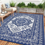Garvee Outdoor Navy Blue & White 10x14 Rug Waterproof Reversible Vintage Medallion Plastic Straw Weather-Resistant UV-Protected Dark Blue/White Patio Deck Picnic - Navy Blue & White