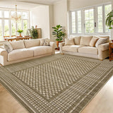 Garvee Large Modern Area Rug 9x12 Checkered Print, Ultra-Soft Pearl Velvet, Non-Slip Backing, Machine Washable Polyester, Brown, Indoor Living Room Kitchen Office - Brown
