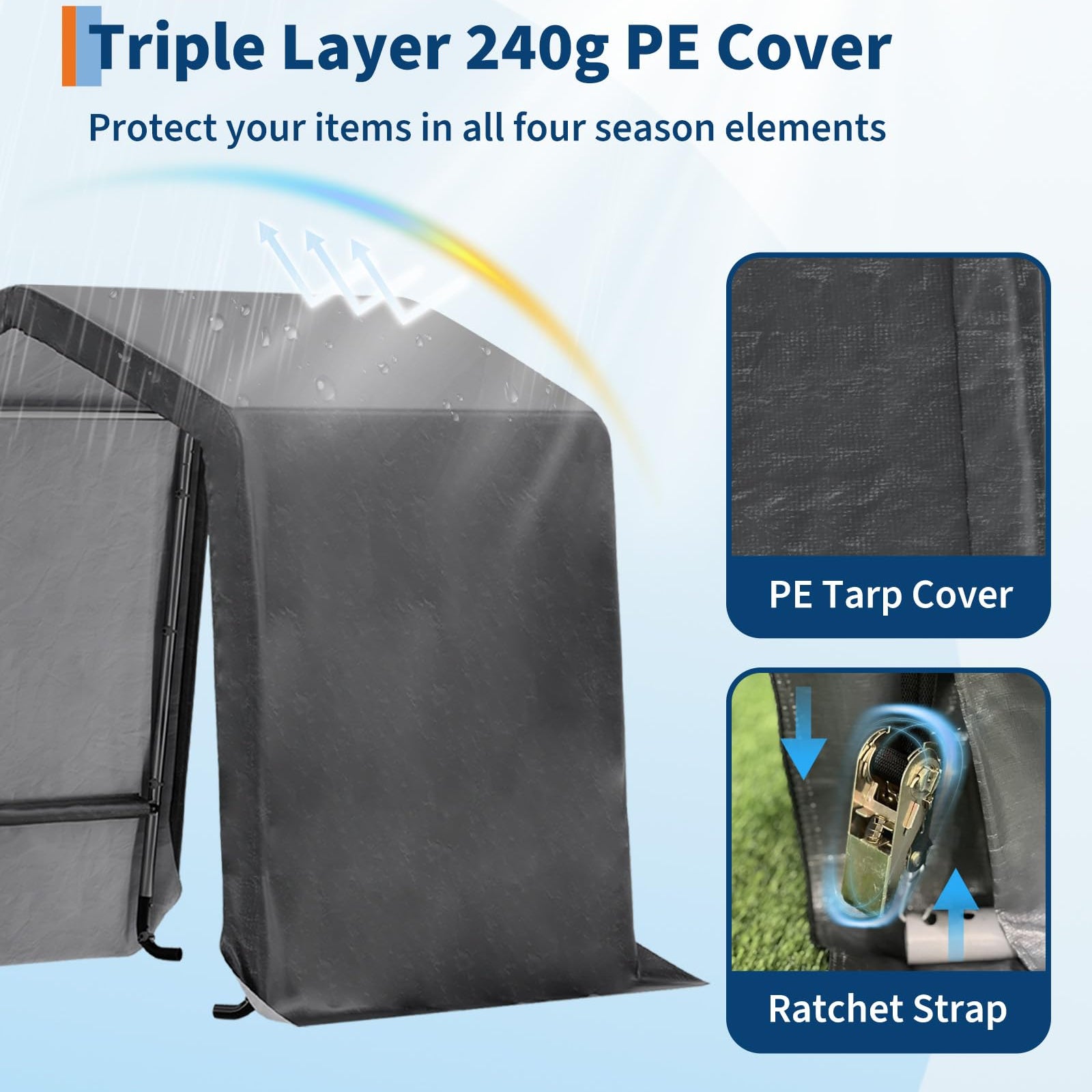 Garvee 7x12FT Gray Outdoor Portable Storage Shed with Roll-Up Door & Vent, 240G Heavy-Duty Shelter Waterproof PE Tarp, UV-Resistant Storage Sheds for Motorcycle, Firewood, Garden and Tools