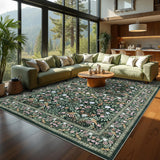Garvee Large Floral Area Rug Vintage Botanical Design Soft Faux Wool Non-Slip Stain Resistant Dark Green Living Room Bedroom - Dark Green