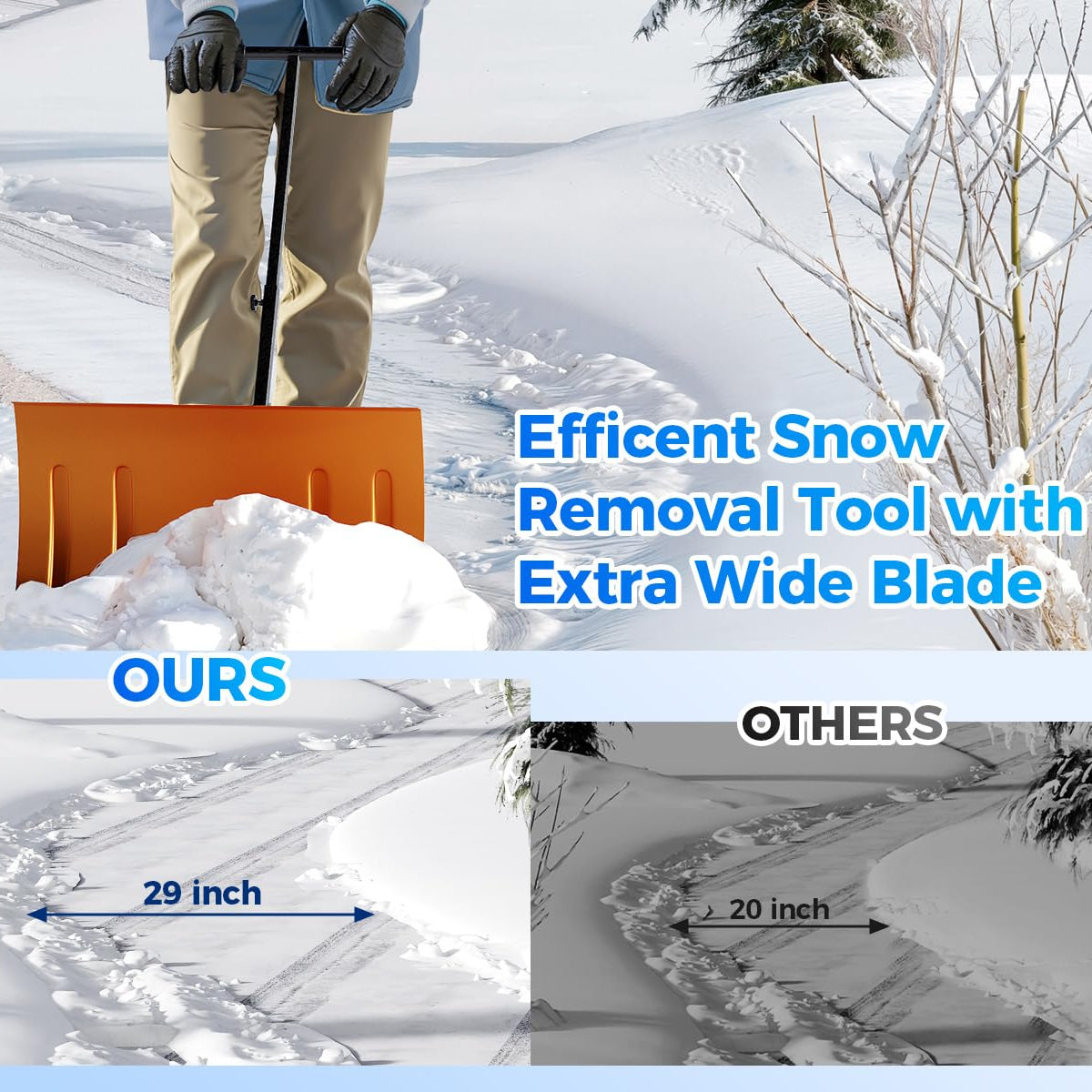 Garvee 29"W X 20"H Snow Shovel with Wheels Heavy Duty Steel 5-Position Adjustable Handle Anti-Skid Tires Quick Assembly for Driveway and Sidewalk