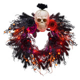 Garvee 22" Halloween Wreath with Spooky Skeleton, LED Lights, Durable PVC, Black Red Blue Flowers, Gothic Decor for Front Door Porch