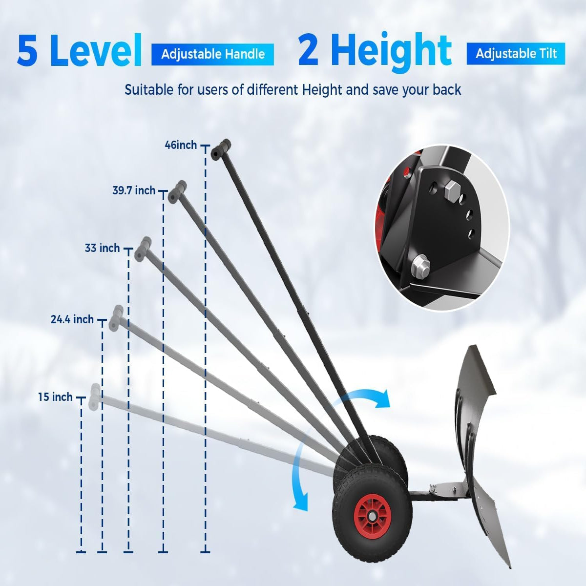Garvee 29"W X 20"H Snow Shovel with Wheels for Driveway, 20" Wide Adjustable Snow Pusher with 5-Position Angle & Height Handle, Ergonomic Back-Saving Snow Removal Tool for Sidewalks, Yards & Patios - Black