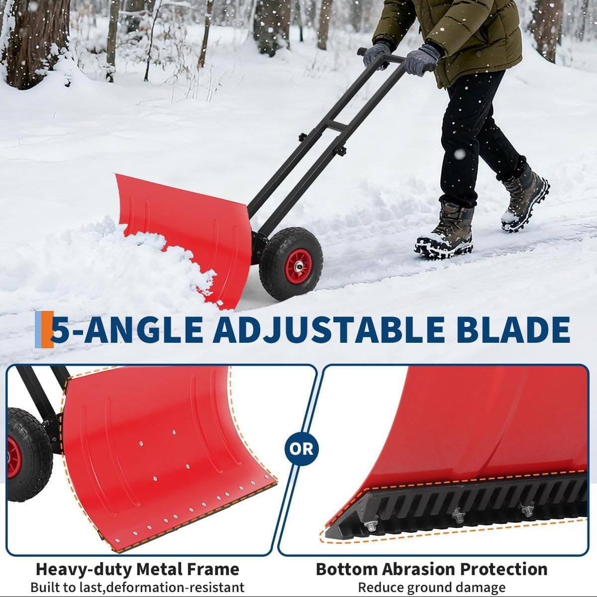 Garvee 29"W X 16.5"H Snow Pusher Shovel with Wheels,Heavy Duty Steel Snow Shovel with Wheels,Angled Blade Efficient Snow Removal With5-Position Angled Blade & Adjustable Handle for Doorway, Sidewalk