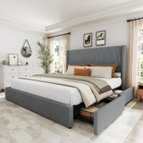 Garvee Bed Frame King Size with 4 Storage Drawer, Bed Frame with Headboard and Corduroy Vertical Channel Tufted Wingback, Sturdy Wooden Slats Support, Noise Free, Gray - Gray