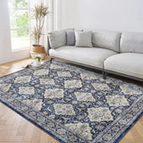 Garvee Persian Navy Blue 5x7 Washable Rugs - Non-Slip, Low Pile - Soft, Durable Fabric - Vintage Boho Distressed - Machine Washable - Living Room, Bedroom, Office - Navy Blue