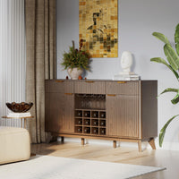 Garvee Modern 60" Fluted Wine Bar Cabinet in Wave Design with 2 Side Cabinets, 3 Drawers, 4 Glass Holders and 12 Wine Racks for Living Room, Kitchen and Entryway, Walnut