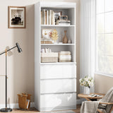 Garvee 70" Tall Bookcase with 3 Drawers, Farmhouse Bookshelf with 3 Tier Open Shelves, Modern Deep Storage Book Shelf Storage Cabinet Organizer for Living Room Office Library, White - White
