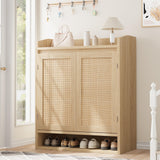 Garvee Modern Rattan Shoe Cabinet with 2 Doors, Farmhouse Boho Wooden Shoe Storage Organizer with Adjustable Shelves, 5-Tier Shoe Storage Cabinet for Entryway, Living Room, Natural Oak