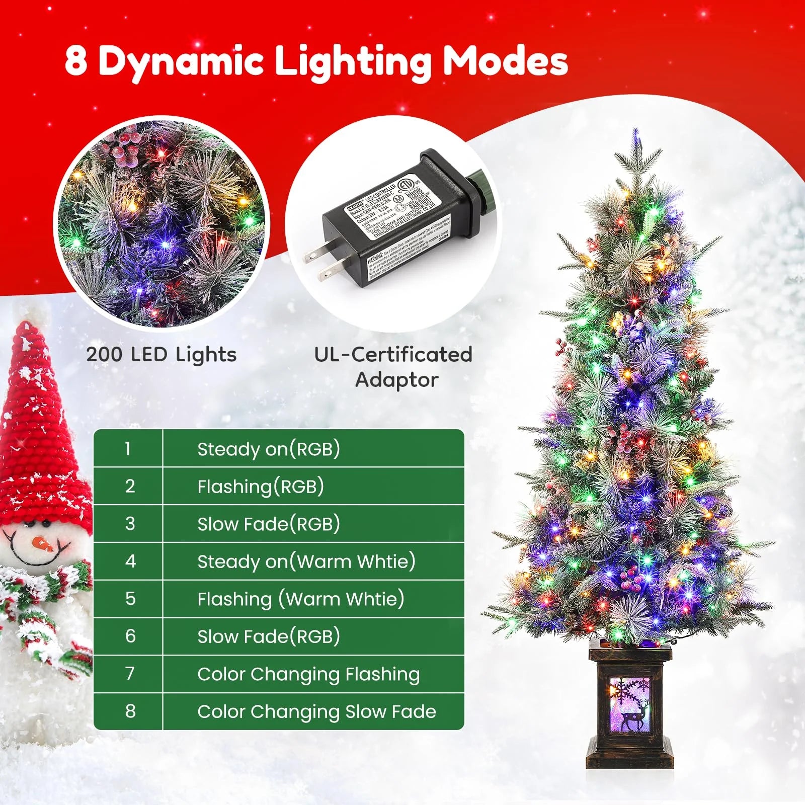 Garvee 4.5ft Christmas Tree with 150 Multicolor Led Lights, Pre-Lit Snow Flocked Christmas Tree with Elk Potted Base, Holiday Xmas Tree Decoration for Home, Entrances, 2 PCS