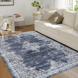 Garvee Washable Vintage Tribal Area Rug 9x12 - Low Pile, Distressed Medallion - Soft Polyester, Non-Slip - Neutral Blue - Living Room, Bedroom, Office - Blue
