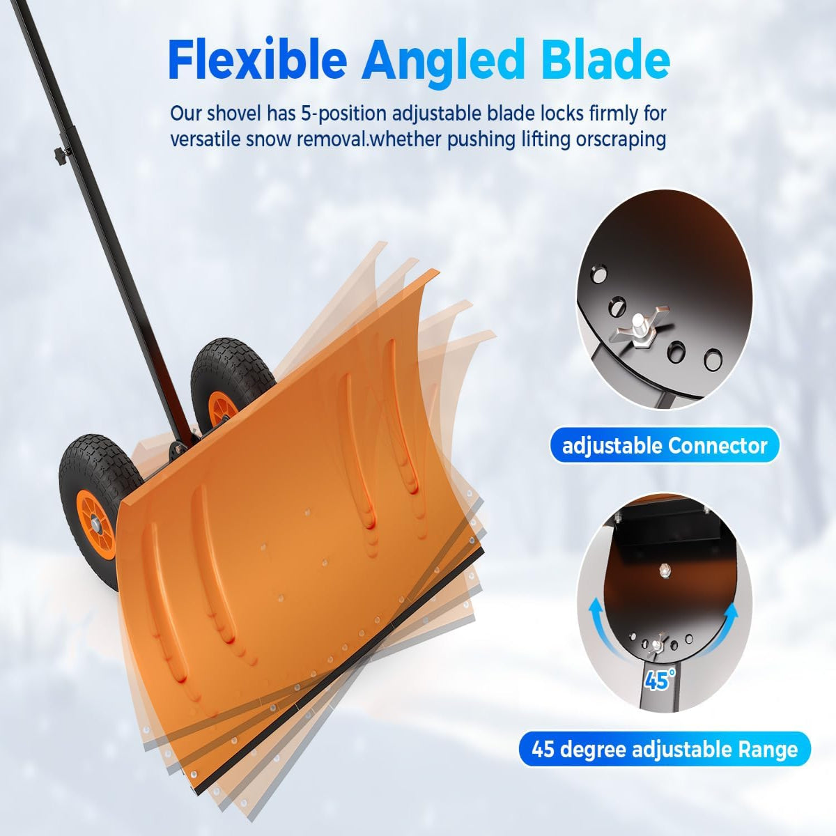 Garvee 29"W X 20"H Snow Shovel with Wheels for Driveway, 20" Wide Adjustable Snow Pusher with 5-Position Angle & Height Handle, Ergonomic Back-Saving Snow Removal Tool for Sidewalks, Yards & Patios - Orange