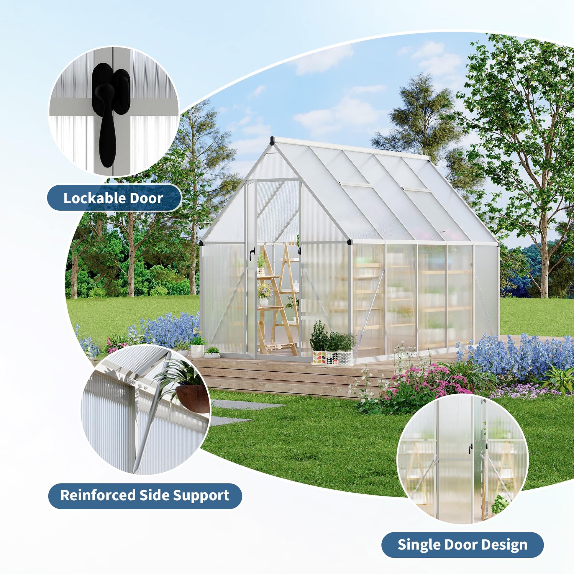 Garvee Heavy Duty 6x9 FT Polycarbonate Walk-In Greenhouse - Sturdy Aluminum Frame, Lockable Door, Adjustable Roof Vent, Easy Assembly, Ideal for Garden, Backyard, or Patio, Silver